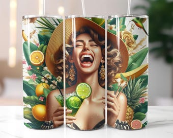 Tropical Summer Tumbler Wrap PNG – 20oz Skinny Sublimation Design with Laughing Woman, Mojito Drink, Citrus Fruits, Banana & Palm Leaves