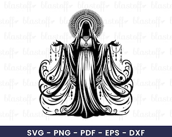 Mystic Divine Woman SVG – Sacred Spirit Art with Halo and Flowing Robes for Sublimation and T-Shirt Design, Tattoo Art Design
