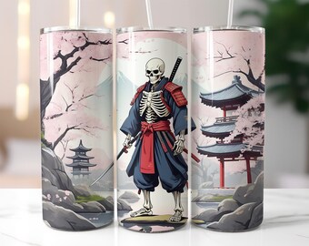 Skeleton Samurai Tumbler Wrap PNG, Japanese Temple Cherry Blossom 20 oz Skinny Tumbler Sublimation, Gothic Warrior Art