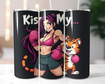 Funny Boxing Tumbler Wrap PNG – 20oz Skinny Tumbler Sublimation Design with Strong Girl, Tiger Mascot, Pink Gloves, Attitude Humor Art