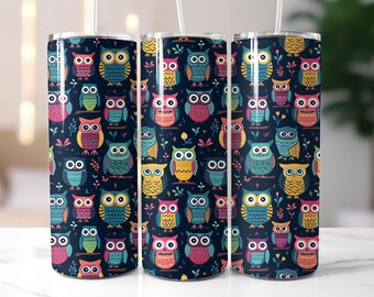Cute Owl Pattern Tumbler Wrap PNG, 20 oz Skinny Tumbler Sublimation Design, Colorful Cartoon Owl Cup Wrap