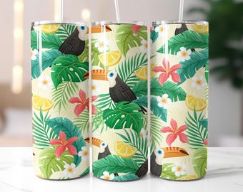 Tropical Toucan Tumbler Wrap PNG – 20oz Skinny Tumbler Sublimation Design with Vibrant Flowers, Palm Leaves & Tropical Fruit Summer Tumbler