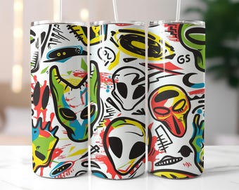 Colorful Alien Tumbler Wrap PNG – 20oz Graffiti UFO Sublimation Design with Bold Street Style Graphics, Digital Instant Download
