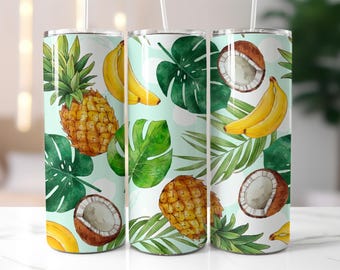 Tropical Fruit Tumbler Wrap PNG – 20oz Skinny Tumbler Sublimation Design with Pineapple, Banana, Coconut, Green Leaves, Natural Tumbler Wrap