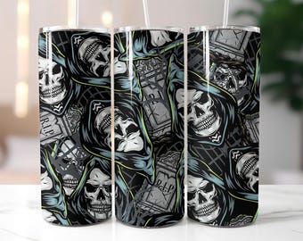 Grim Reaper Tumbler Wrap PNG – 20oz Skinny Tumbler Sublimation Design with Skull Hooded Death, Tombstones & Gothic Horror Pattern Tumbler