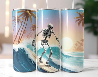 Skeleton Surfer Tumbler Wrap PNG, Spooky Beach 20 oz Skinny Tumbler Sublimation, Halloween Summer Surf Cup Design