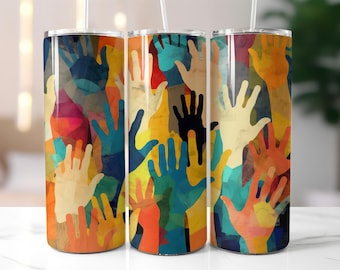 Multicolor Hands Tumbler Wrap PNG – 20oz Skinny Tumbler Sublimation Design with Colorful Unity & Diversity Hand Art