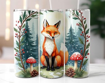 Fox Forest Tumbler Wrap PNG – Winter Woodland Animal Design for 20oz Skinny Tumbler Sublimation