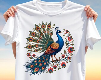 Elegant Peacock T-Shirt PNG – Floral Majestic Bird T-Shirt Design for Sublimation, Detailed Nature Clipart for Boho & Botanical Apparel