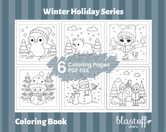 Winter Holiday Coloring Pages PDF – 6 Printable Christmas & Snow Scenes for Kids | Cute Penguin, Snowman, Skiing Fun | Instant Download