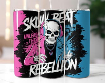 Skull Beat Tumbler Wrap PNG – 20oz Sublimation Design with Punk Skeleton DJ Art, Blue & Pink Music Theme, Digital Download