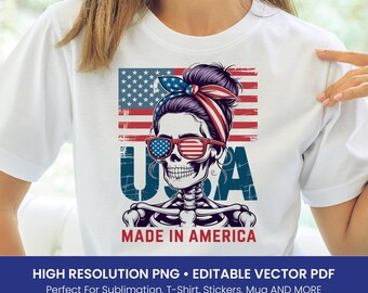 USA Skull T-Shirt Design PNG – American Flag Skeleton Woman Clipart for Sublimation,Made in America, Patriotic 4th of July Art, Editable PDF
