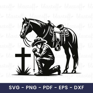 Cowboy Kneeling at Cross with Horse SVG – Western Prayer Scene PNG Clipart for Memorial Sublimation & Rustic T-Shirt Design