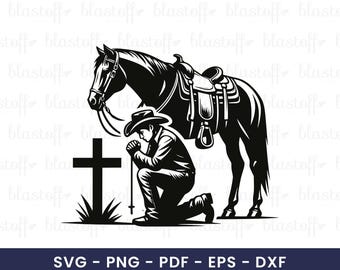 Cowboy Kneeling at Cross with Horse SVG – Western Prayer Scene PNG Clipart for Memorial Sublimation & Rustic T-Shirt Design