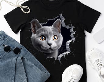 3D Gray Cat T-Shirt Design PNG – Realistic Kitten Breaking Wall, Funny Pet Sublimation Graphic for Tees & Sweatshirts, Instant Download