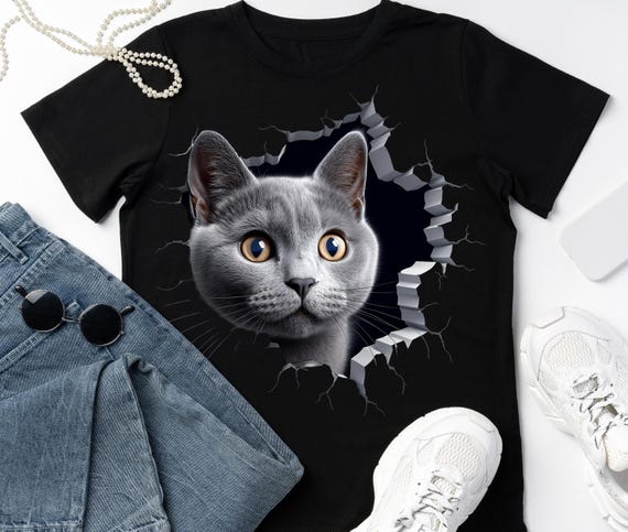 3D Gray Cat T-shirt Design PNG – Realistic Kitten Breaking Wall
