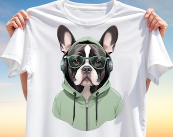 Trendy Boston Terrier T-Shirt Design PNG – Urban Streetwear Dog with Glasses & Headphones, Funny Hoodie Pet Clipart for Sublimation