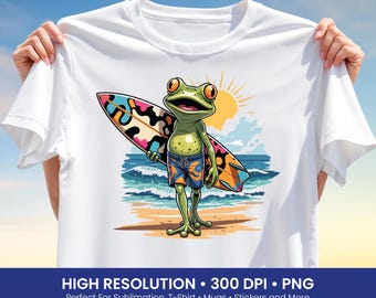 Surf Frog Png, Beach Frog Png, Tropical Animal Png, Summer Surf Png, Funny Frog Design, Summer T Shirt Design Png, Sublimation Print, DTF