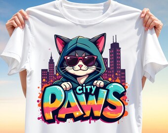 City Paws T-Shirt Design PNG – Cool Urban Cat Clipart in Hoodie and Sunglasses for Sublimation, Street Style Graphic for Cat Lovers