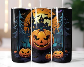 Haunted Pumpkin Tumbler Wrap PNG – 20oz Skinny Sublimation Design with Jack-o’-Lanterns, Spooky Trees, Moon, Bats & Haunted Mansion Art
