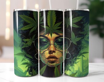 Afro Woman Cannabis Tumbler Wrap PNG – 20oz Skinny Sublimation Design with Weed Leaves, Tribal Face Art, Curly Hair & Urban Glow Tumbler