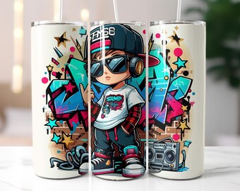 Urban Graffiti Tumbler Wrap PNG – 20oz Skinny Tumbler Sublimation Design with Cool Hip-Hop Character, Headphones, Street Style Clipart PNG