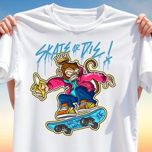 Skate or Die Monkey T-Shirt Design – Cartoon Skater PNG for Sublimation, Urban Street King Clipart, Cool Skateboard Art