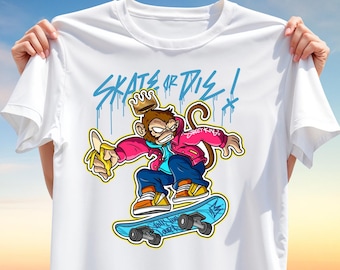 Skate or Die Monkey T-Shirt Design – Cartoon Skater PNG for Sublimation, Urban Street King Clipart, Cool Skateboard Art