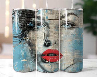 Abstract Collage Woman Face Tumbler Wrap PNG – 20oz Skinny Tumbler Sublimation Design with Newspaper Texture, Red Lips & Blue Graffiti Art