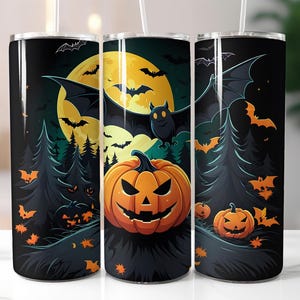 Halloween Tumbler Wrap PNG – 20oz Skinny Sublimation Design with Jack-o’-Lantern Pumpkin, Flying Bats, Full Moon, Dark Forest & Spooky Vibes