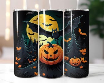 Halloween Tumbler Wrap PNG – 20oz Skinny Sublimation Design with Jack-o’-Lantern Pumpkin, Flying Bats, Full Moon, Dark Forest & Spooky Vibes