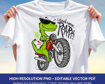 Roaring Dinosaur T-Shirt Design – Cool Dino on Motorbike PNG & Editable Vector PDF for Kids Sublimation, Biker Art, Instant Digital Download