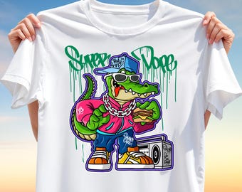 Hip Hop Crocodile T-Shirt Design – Super Dope Streetwear PNG for Sublimation, Cool Cartoon Alligator Clipart, Urban Style Art