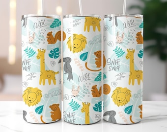 Cute Safari Animal Tumbler Wrap PNG – 20oz Skinny Sublimation Design with Giraffe, Lion, Monkey, Squirrel & Jungle Leaves – Digital File