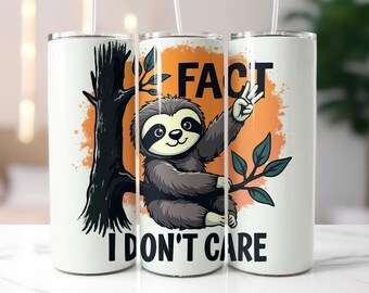 Funny Sloth Tumbler Wrap PNG – 20oz Skinny Tumbler Sublimation Design with “I Don’t Care” Quote, Peace Sign, Lazy Animal Humor Art Tumbler