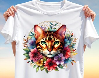 Floral Bengal Cat T-Shirt Design PNG – Realistic Cat Face Clipart with Colorful Flowers & Geometric Art for Sublimation, Pet Lover Gifts