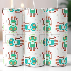 May include: Three white tumblers with a repeating pattern of teal, green, and orange robots. The robots have circular eyes and are connected by dotted lines and circuit-like elements. Each tumbler has a white straw.
