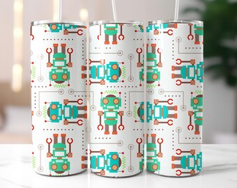 Robot Tumbler Wrap PNG – 20oz Sublimation Design with Cute Tech Bots, Circuit Pattern, Kids STEM Style Digital Cup Clipart