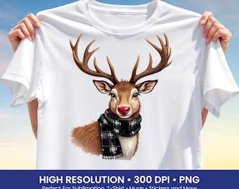 Cute Deer T-Shirt Design PNG, Christmas Winter Reindeer with Scarf Sublimation Print, Holiday Rudolph Style Shirt Graphic, Festive Clipart
