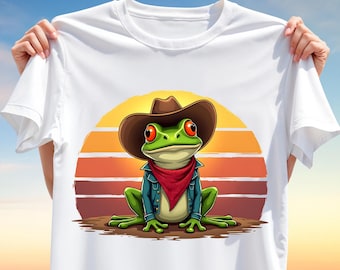 Cowboy Frog T-Shirt Design PNG – Funny Western Style Frog Clipart with Sunset Background for Sublimation, Retro Country Animal Shirt