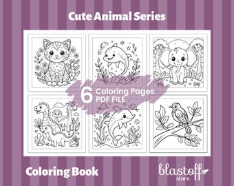 Cute Animal Coloring Pages PDF – 6 Printable Designs with Cat, Elephant, Dinosaur, Dolphin & Bird | Kids Coloring Book | Instant Download