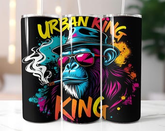 Urban King Monkey Tumbler Wrap PNG – Graffiti Style 20oz Skinny Sublimation Design – Streetwear Crowned Ape Digital Art