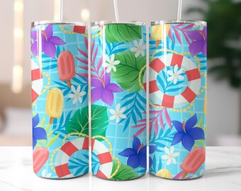 Summer Pool Party Tumbler Wrap PNG – 20oz Skinny Tumbler Sublimation Design with Popsicles, Tropical Flowers & Life Buoy on Blue Grid