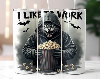 Angry Cat Popcorn Tumbler Wrap PNG – 20oz Sublimation Design, Dark Humor Hoodie Cat, Halloween Bats Funny Digital Wrap