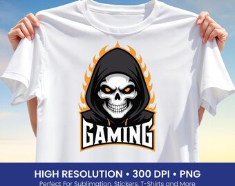 Skull Gaming Logo T-Shirt Design PNG, Grim Reaper Gamer Clipart, Esports Mascot Sublimation File, Dark Hooded Skull Art, Digital Download