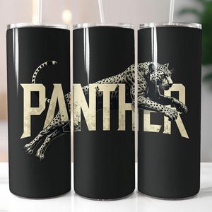 Panther Tumbler Wrap PNG – 20oz Skinny Tumbler Sublimation Design with Leaping Big Cat, Black Background, Bold Jungle Animal Typography
