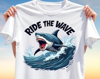 Ride the Wave Shark T-Shirt Design – Fierce Surfing Shark Sublimation PNG for Sublimation Printing on T-Shirts, Mugs, Tote Bags & More
