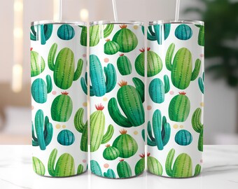 Cactus Tumbler Wrap PNG – 20oz Skinny Tumbler Sublimation Design with Green Watercolor Succulents, Desert Plants Clipart for Summer Mugs
