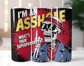 Funny Skull Tumbler Wrap PNG – 20oz Skinny Sublimation Design with Attitude Quote, Punk Skull & Middle Finger Humor
