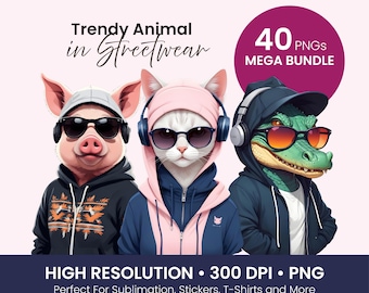 40 Trendy Animal Clipart Bundle – Cool Streetwear Animal PNGs for Sublimation, T-Shirt Design, Stickers, Digital Design & Print-on-Demand